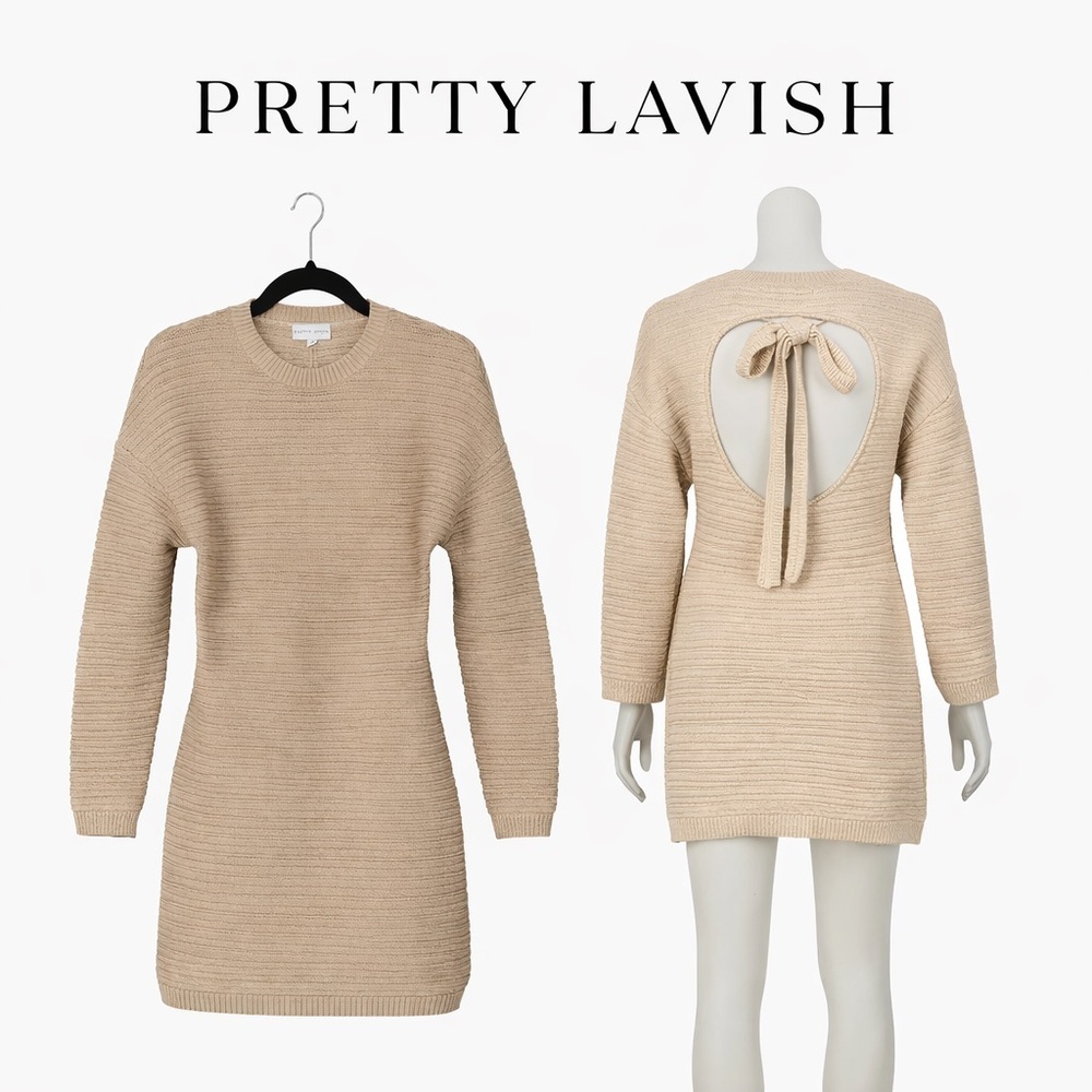 Pretty Lavish Beige Backless Tie Knit Mini Dress Long Sleeve Size Small